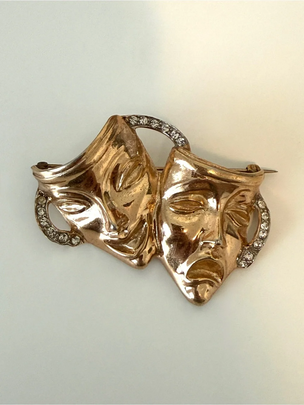 Gold-tone Comedy & Tragedy Theater Mask Brooch with Rhinestones